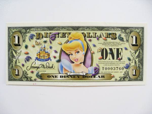 ディズニーダラー　1ドル札　（2005年版） $1 紙幣　シンデレラ Disney Dollars_画像1