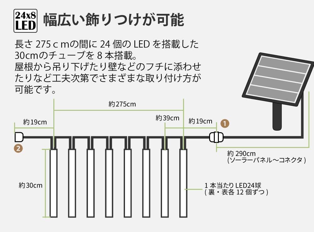 ソーラーバッテリー　 LEDスノーフォール つららイルミネーション LEDライト ソーラーパネル インテリア ガーランド 30cm 8本 青　ブルー_画像3