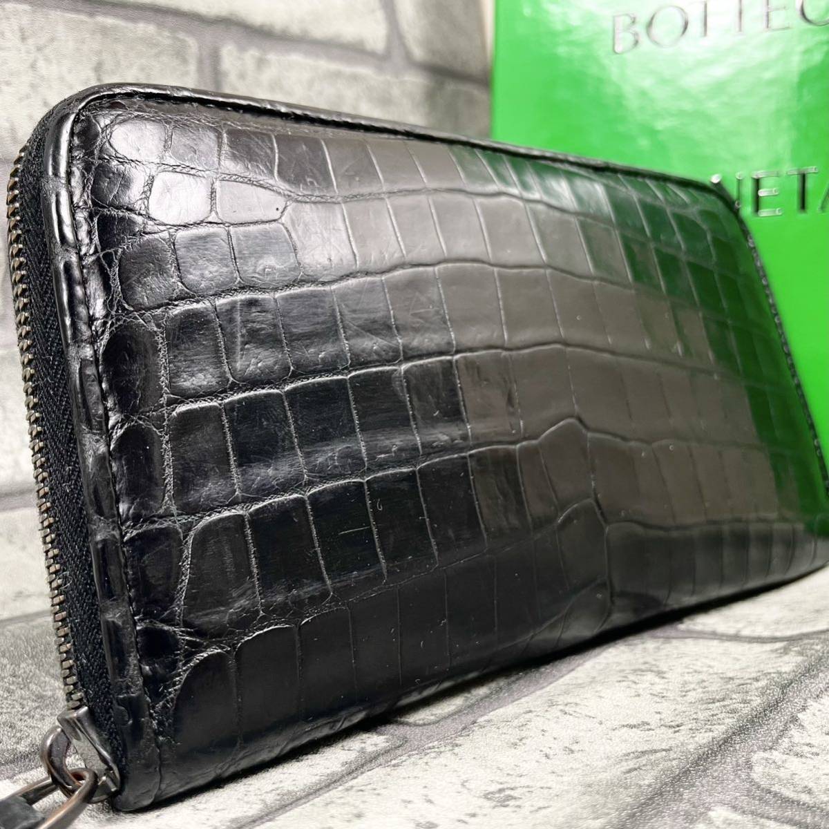 未使用級●クロコダイル●BOTTEGA VENETA ボッテガヴェネタ メンズ 長財布 ラウンドファスナー レザー 本革 ブラック 黒 小銭入れ _画像1