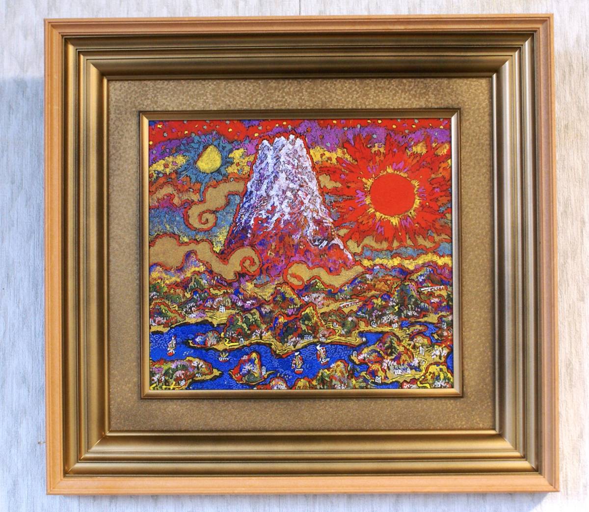 絹谷幸ニ　潮音日月富士　巧芸画色紙額装品　油彩油絵作家　富士山　文化勲章　絹谷幸二_画像1