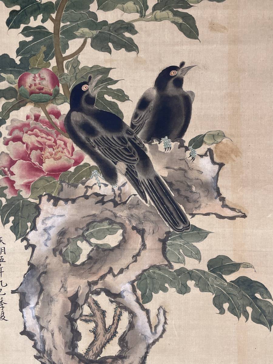 中国画、長崎派】沈南蘋派 芝寉仙 絹本極細密花鳥画 時代箱 唐画－日本 