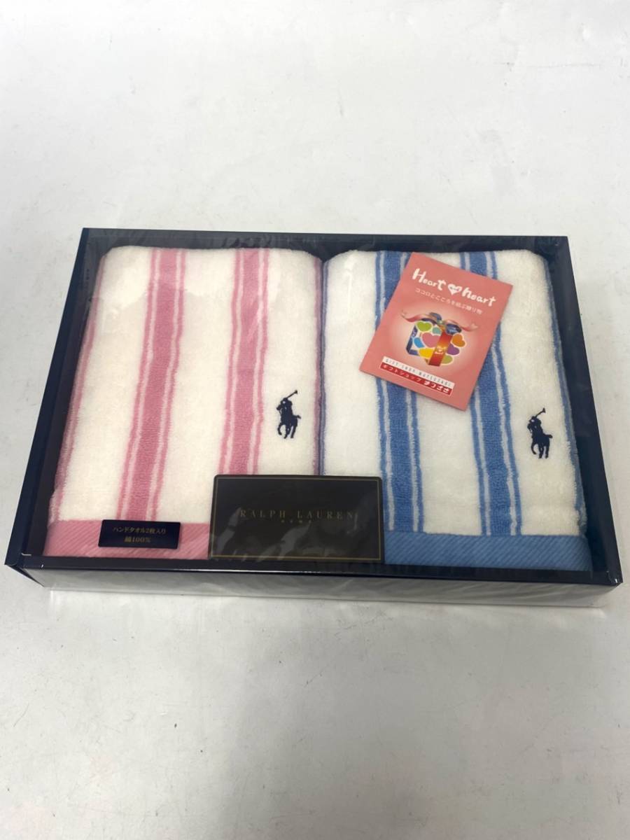 未使用品 RALPH LAUREN ラルフローレン タオルセット ハンドタオル 綿 コットン ロゴ ボーダー ピンク ブルー 箱付き ss111402_画像1