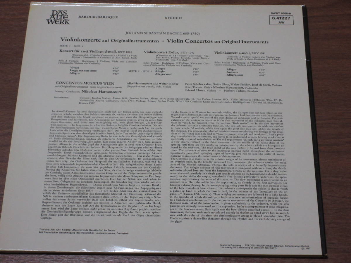◆独TELEFUNKEN　ニコラウス・アーノンクール指揮　バッハ　ヴァイオリン協奏曲集　オリジナル楽器盤_画像2