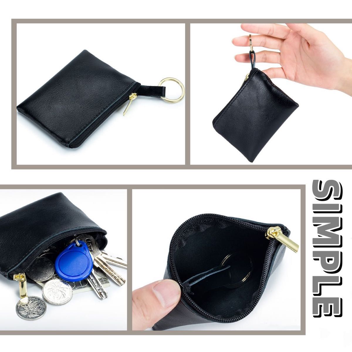 小銭入れ コインケース コンパクト コインホルダー キーリング付き 薄型 本革  財布 ミニ財布　ブラック