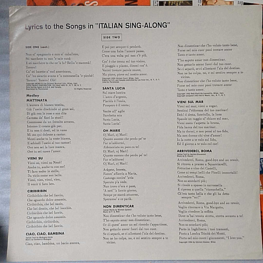 The Italian Street Singers and Orchestra Italian Sing-Along * analogue record * jacket damage [1609RP