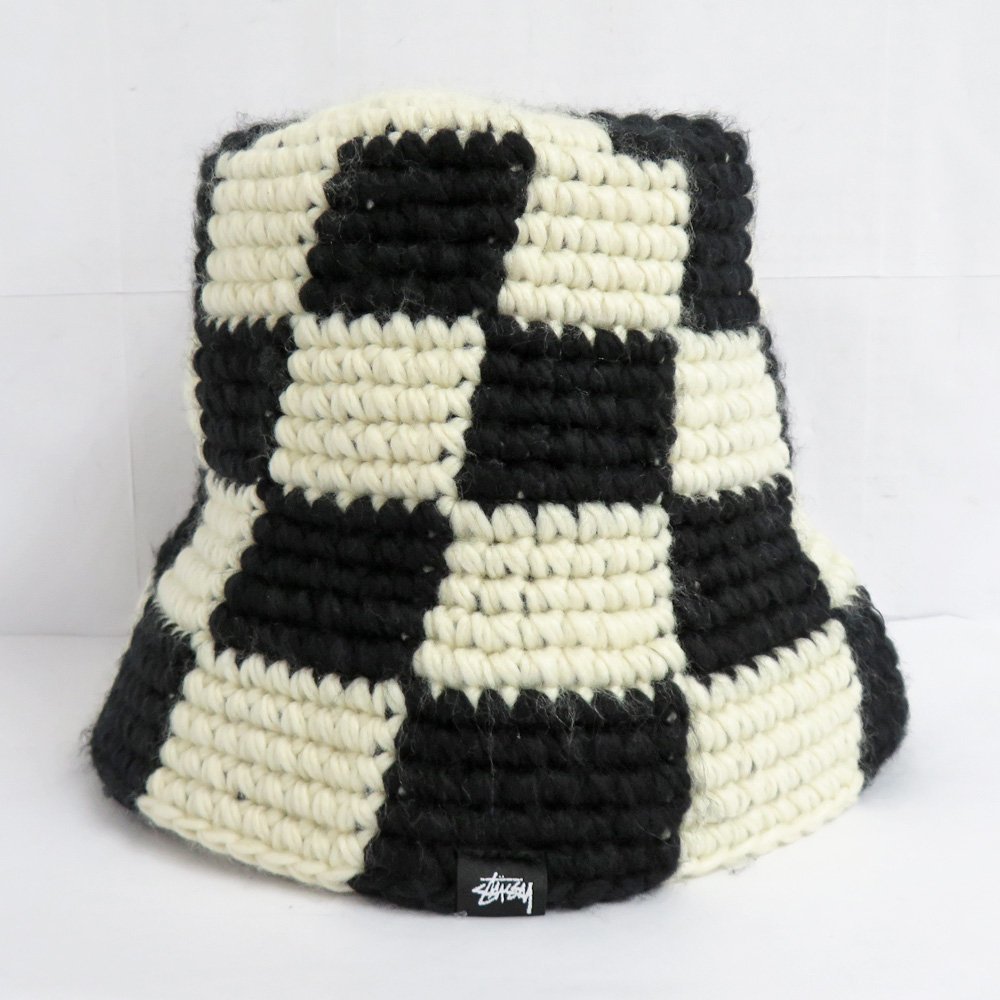 【名古屋】１円～ STUSSY ステューシー CHECKER KNIT BUCKET HAT チェッカー ニット バケットハット バケハ 帽子 黒 白 N2312-05-303130sh_画像2