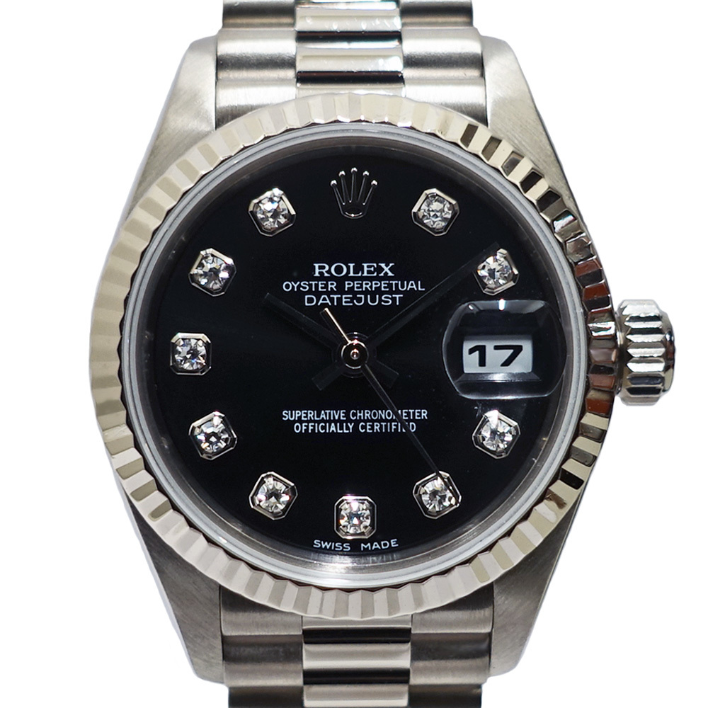 【栄】OH＆仕上済 ロレックス デイトジャスト 79179G A番 ブラック ダイヤ WG レディース 腕時計 自動巻き 保証書付き 女