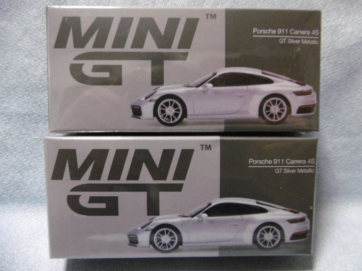 未開封新品 MINI GT 303 Porsche 911 Carrera 4S GT Silver Metallic 左右ハンドル2台組_画像1