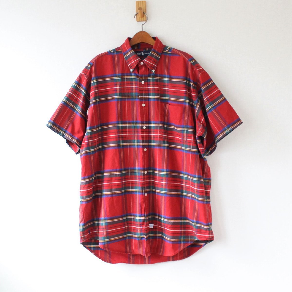 ポロ ラルフローレン 90s 半袖BDシャツ The Big Oxford ビッグポロ 裾ポニー刺繍 マレーシア製 赤系のタータンチェック柄 M （w-3321114）