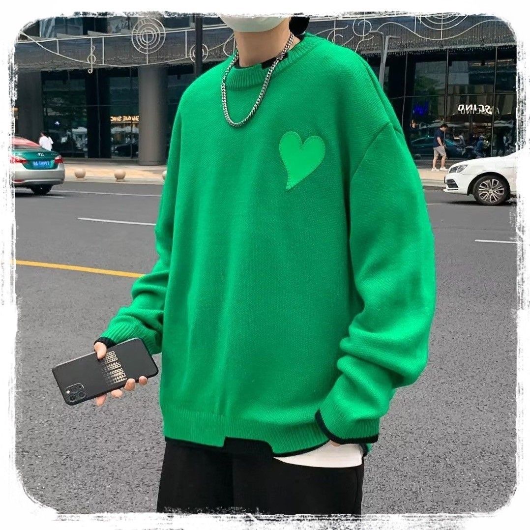 オーバーサイズ 　ニット　セーター　XLサイズ　グリーン　緑　ストリート　ハート　重ね着風　ビッグシルエット　韓国　オルチャン　冬