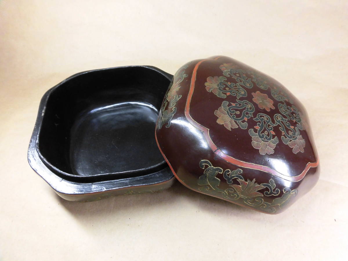 閑】清朝 木製 漆塗 細工彫り『鳳凰文』喰籠 蓋物 菓子器 / 茶道具