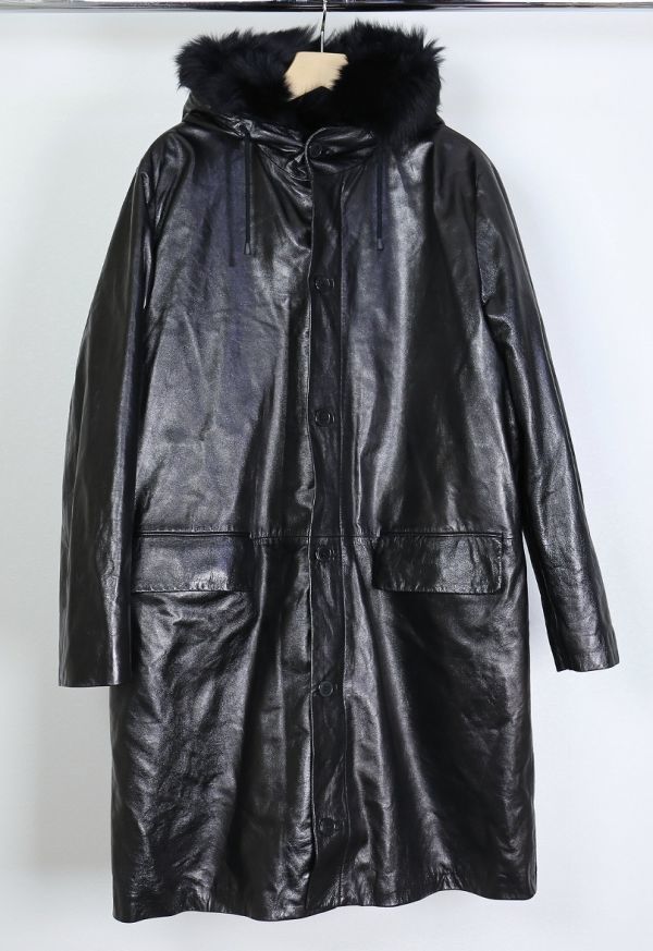 初期 HELMUT LANG ヘルムートラング ヴィンテージ ムートン ファー ライナー付 レザー フード コート モッズコート 黒 46 a9944_画像1