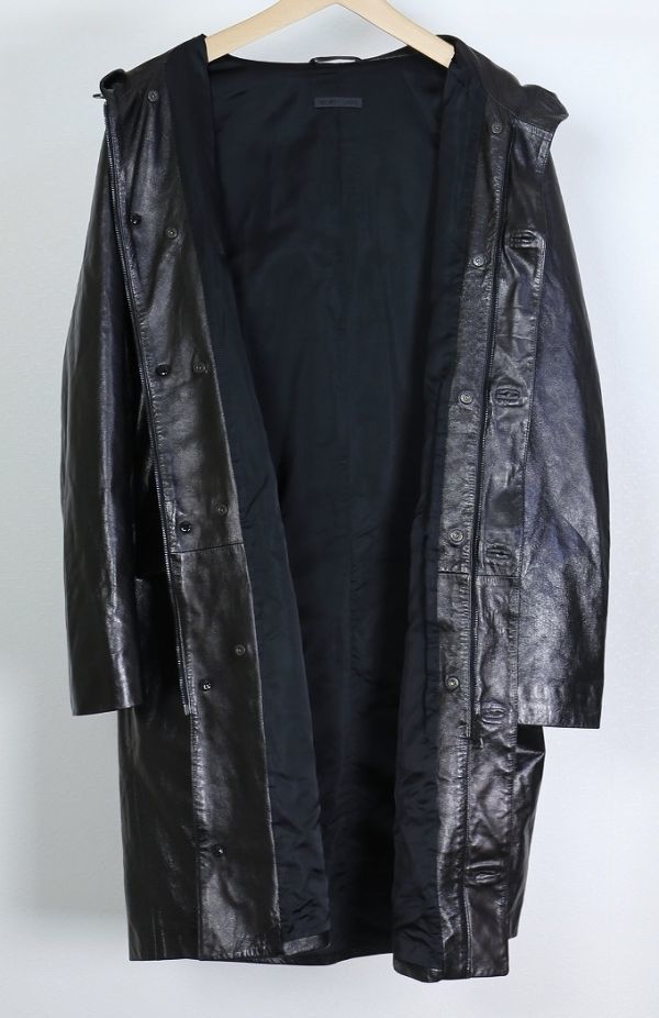 初期 HELMUT LANG ヘルムートラング ヴィンテージ ムートン ファー ライナー付 レザー フード コート モッズコート 黒 46 a9944_画像8