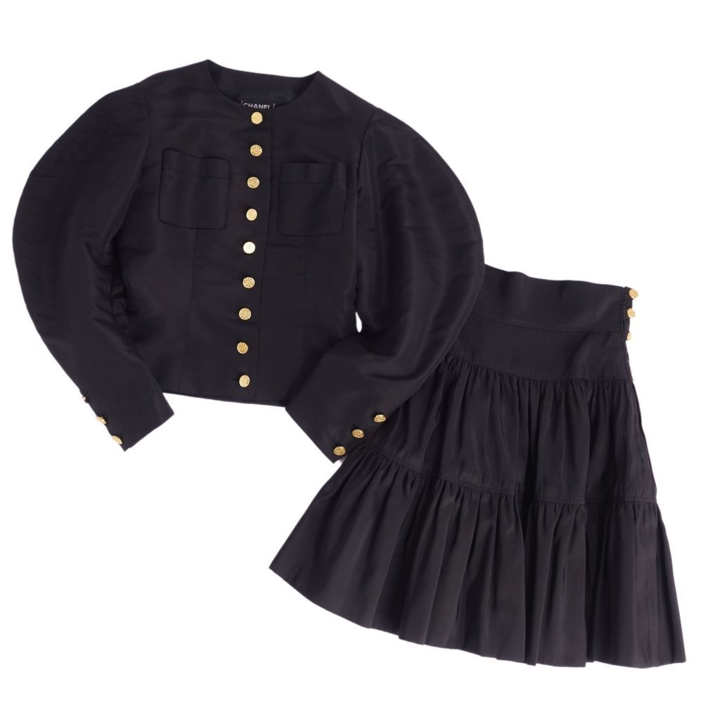 美品 Vintage シャネル CHANEL セットアップ スカートスーツ コインボタン シルク ジャケット スカート レディース 36黒 cg12do-rm05e26507_画像1