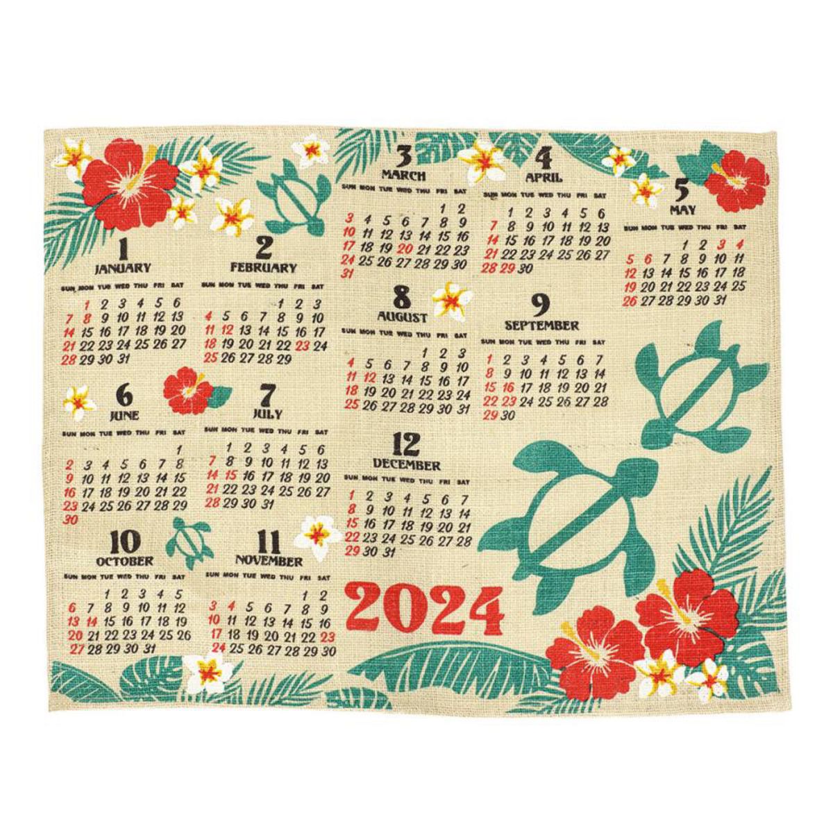 2024年カレンダー/ジュートカレンダー ホヌビーチ/ハイビスカス/ハワイ/カメ