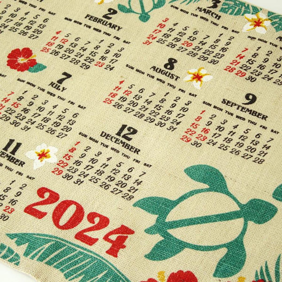 2024年カレンダー/ジュートカレンダー ホヌビーチ/ハイビスカス/ハワイ/カメ