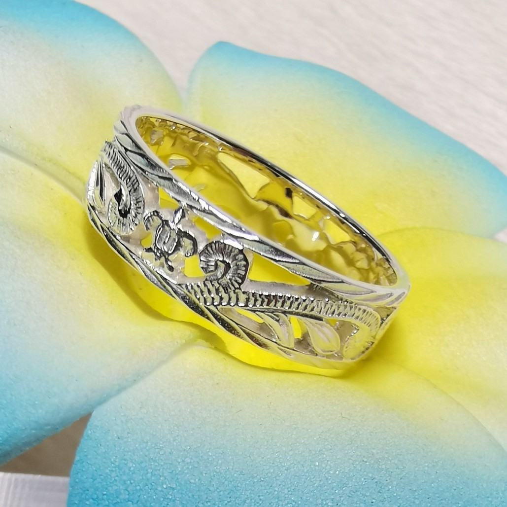  Hawaiian jewelry silver 925... carving pairing ho n plumeria carving 5mm ring 