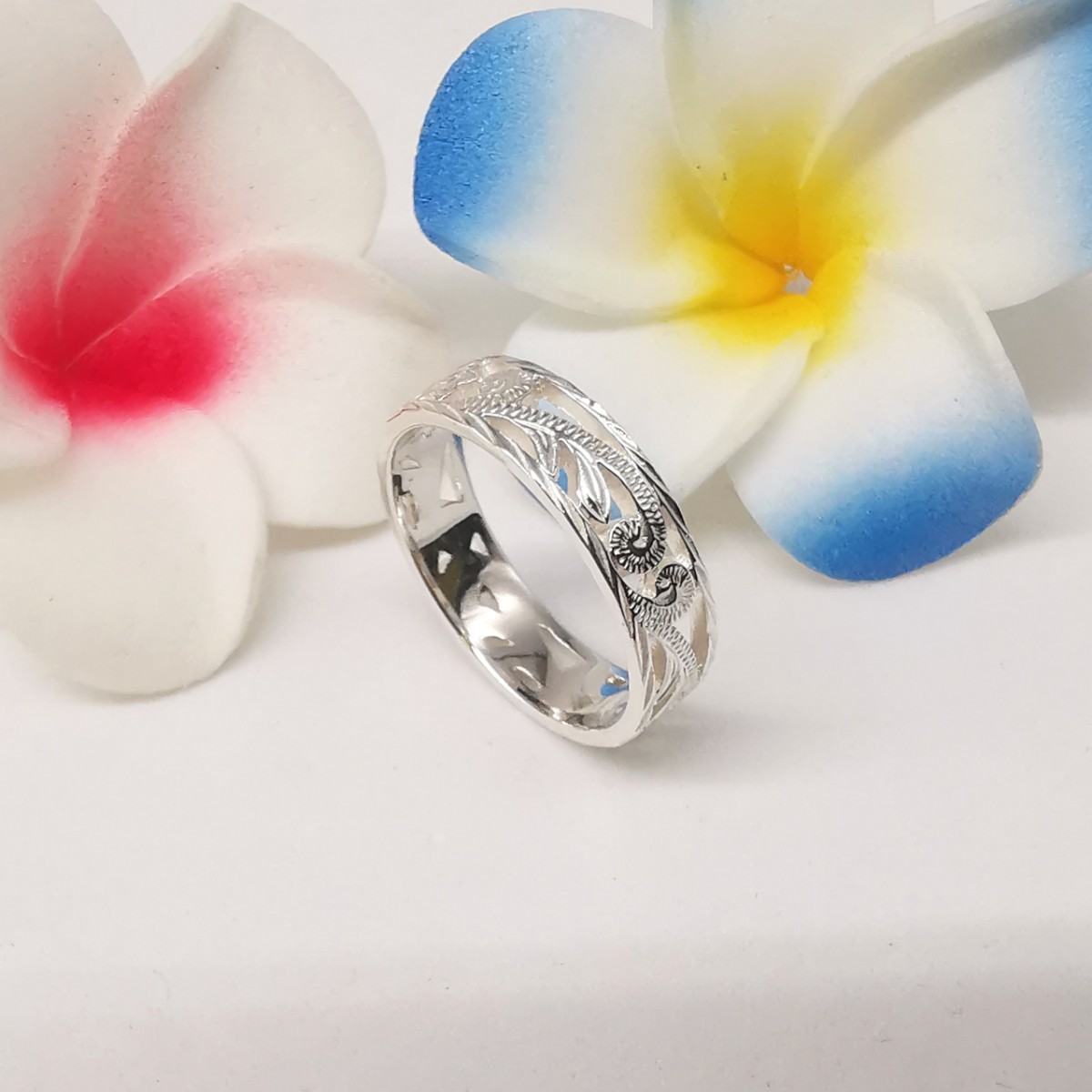  Hawaiian jewelry silver 925... carving pairing ho n plumeria carving 5mm ring 