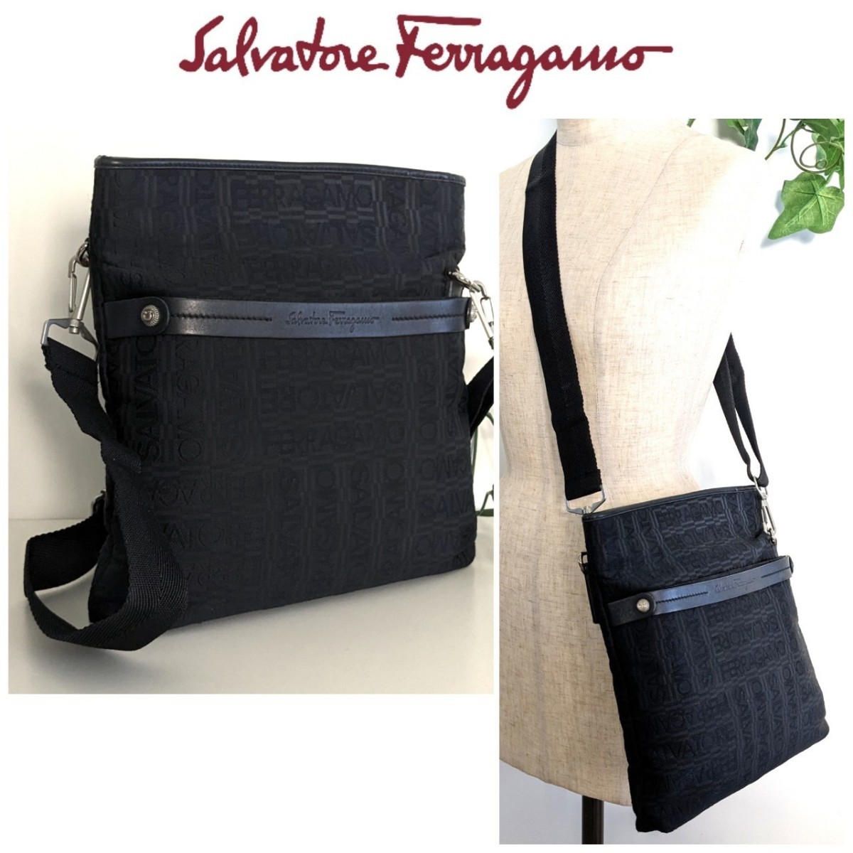 美品 Salvatore Ferragamo フェラガモ ガンチーニ 斜め掛け ショルダーバッグ ポシェット 鞄 ボディバッグ 黒 ブラック レディース メンズ