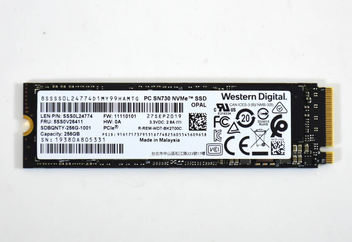WD M.2 2280 NVMe SSD 256GB /累積使用822時間/健康状態96%/PC SN730/動作確認済み, フォーマット済み/中古品_画像1
