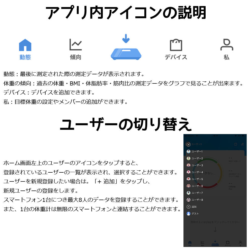 体脂肪計 体組成計 体重計 ブラック 内臓脂肪 基礎代謝 乾電池式 デジタル表示 スマホ連動 Bluetooth iPhone/Android 180日保証_画像10