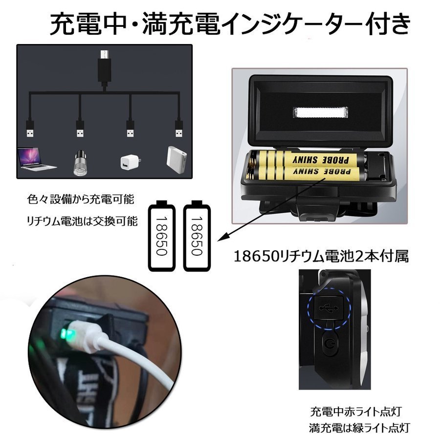 LEDヘッドランプ ヘッドライト 充電式 18650リチウム充電池付属 8000ルーメン 8モード点灯 角度調節可 防水 アウトドア 7日保証_画像8