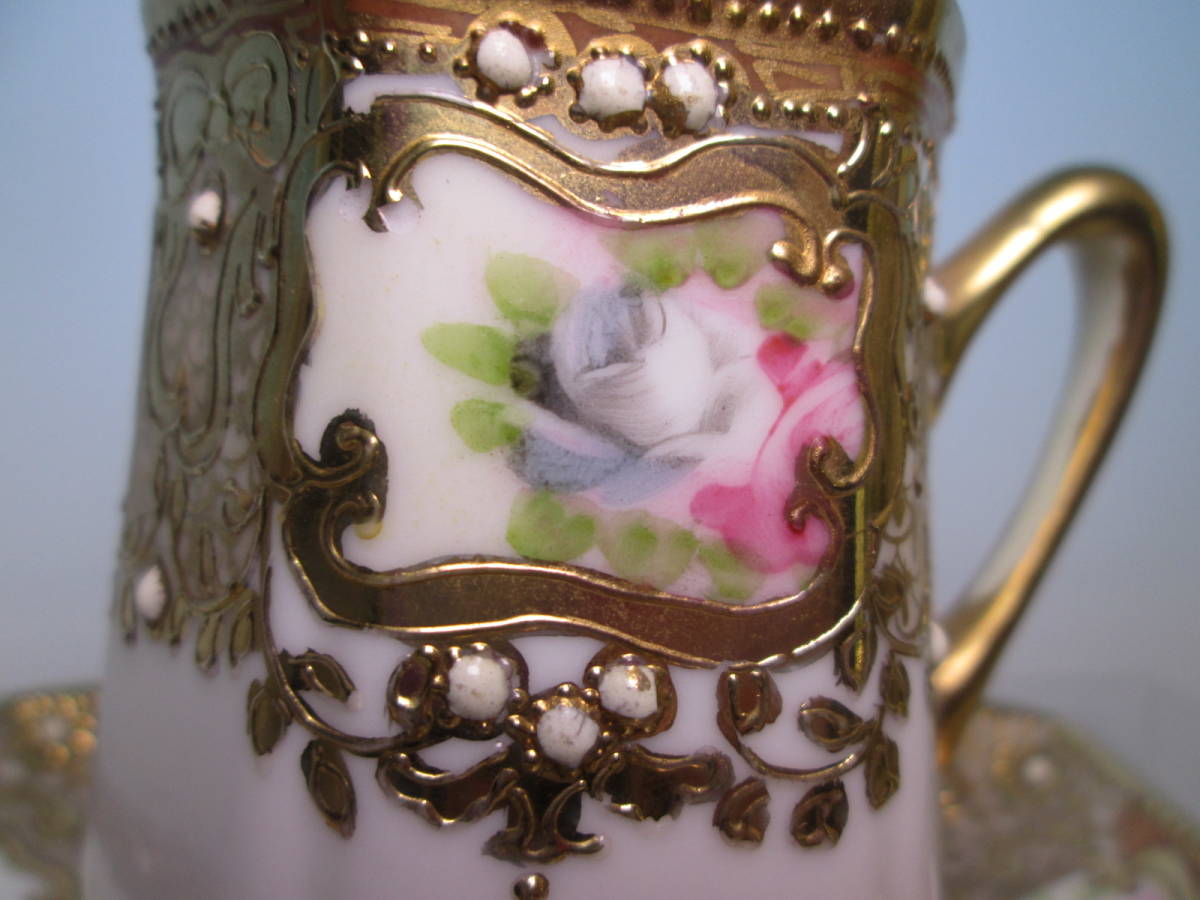 * Old Noritake клен leaf печать 6 угол золотая краска роза документ cup & блюдце Vintage 