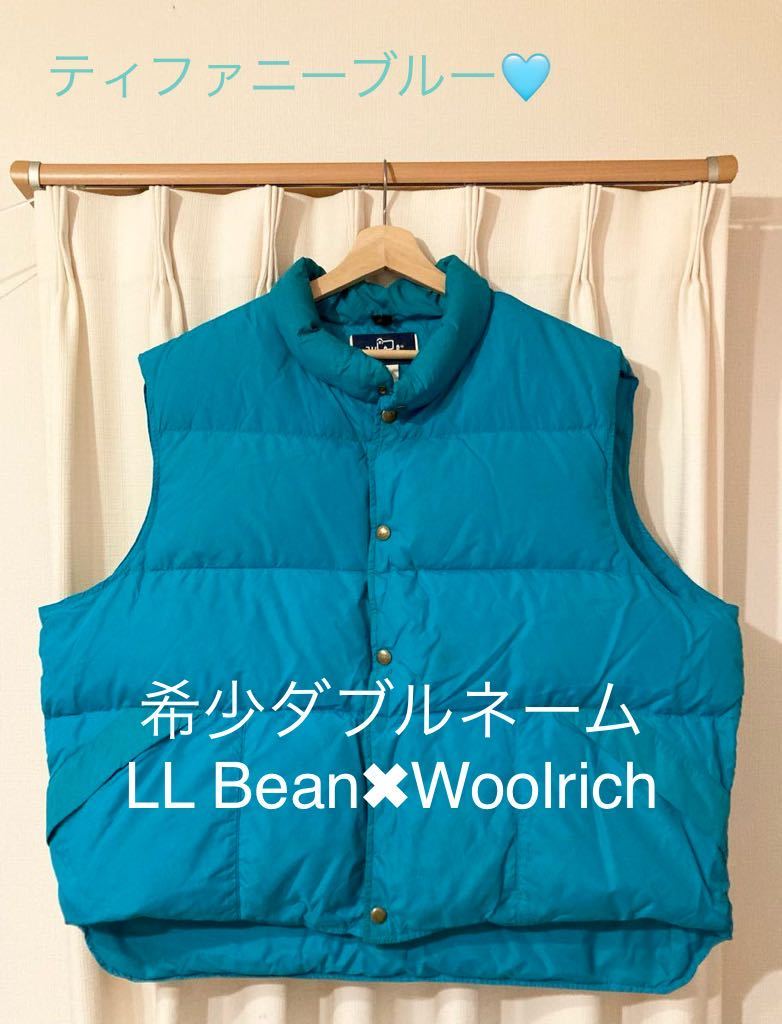 希少珍品! ダブルネーム イレギュラー L.L.Bean Woolrich ダウンベスト Made in USA vintage ビーン ジャケット down ティファニーブルー