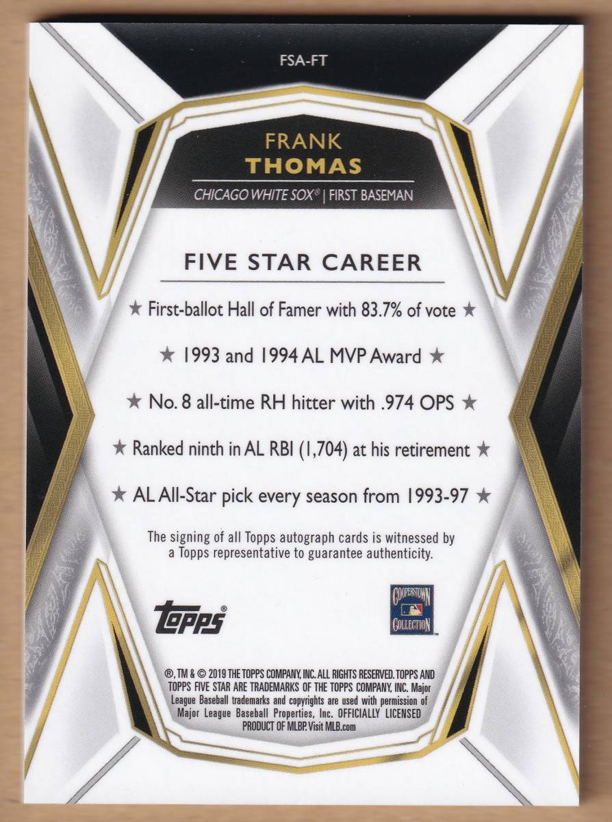 【１０枚限定】フランク・トーマス 2019 TOPPS FIVE STAR 直筆サインカード / ホワイトソックス【FRANK THOMAS】_画像2