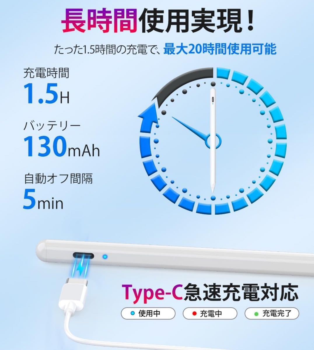 【2023進化 全デバイス対応】 タッチペン スマホ用 スタイラスペン ipadアンドロイド対応 磁気吸着 誤作動防止 Type-C急速充電 _画像7