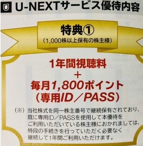 USEN-NEXT 株主優待 「U-NEXT」1年間無料視聴＋毎月1800ポイント付与 コード通知_画像1