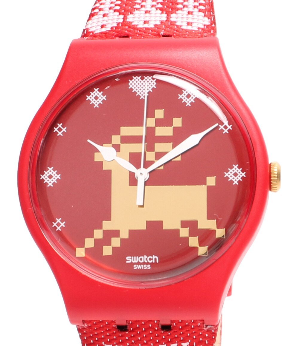 美品 スウォッチ 腕時計 トナカイ RED KNIT レッド ニット SUOZ172S クリスマス限定 2013年 クオーツ レッド