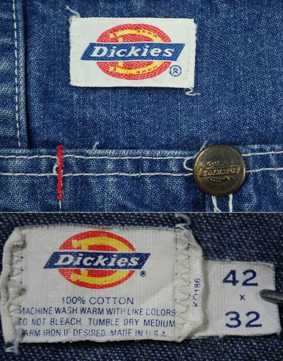 5230/Dickies USA製 白タグ80sビンテージオーバーオール42(W104cm)ボタンフライデニムカバーオールワークパンツサロペットディッキーズ古着_画像8