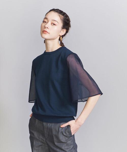 BEAUTY&YOUTH UNITED ARROWS アローズ 23SS コットンオーガンジーフレア6分袖ニットプルオーバー 主役級 ネイビー Free 定価11,550円の画像2