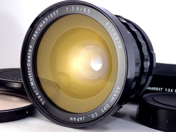 送料無料!! Pentax Super Multi Coated TAKUMAR 6x7 55mm f/3.5 レンズ フード付 美品 人気 完動 SMC ASAHI 67 中判 カメラ MF Camera Lens_画像1
