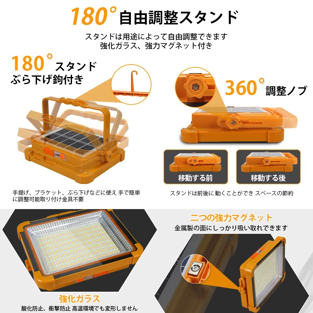 150W 充電式 LED投光器 15000mAh LED作業灯 高輝度 360個チップ 五つ点灯モード 無段階調光 ソーラー充電とUSB充電 IP66防水屋外 SLT-360_画像5