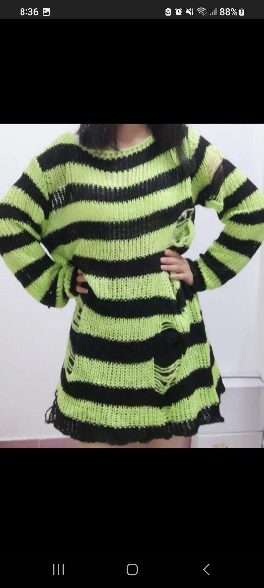 ダメージボーダー ニットセーター 黄緑×黒 グランジ パンクロック 韓国ファッション 地雷系