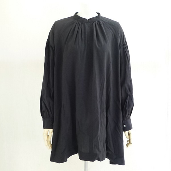 S4 yuni ユニ ギャザー ふんわり バックボタン スタンドカラー ブラウス ブラック 黒 長袖 シャツの画像1