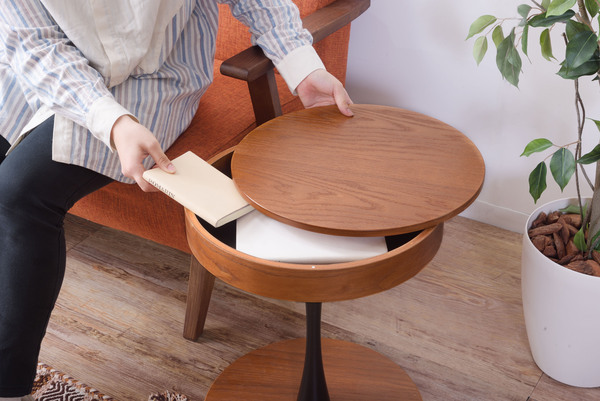 サイドテーブル PT-616 丸型 円形 おしゃれ 木製 サイド テーブル ナイトテーブル カフェ風 収納 スペース 天板 マグネット固定 北欧_画像4