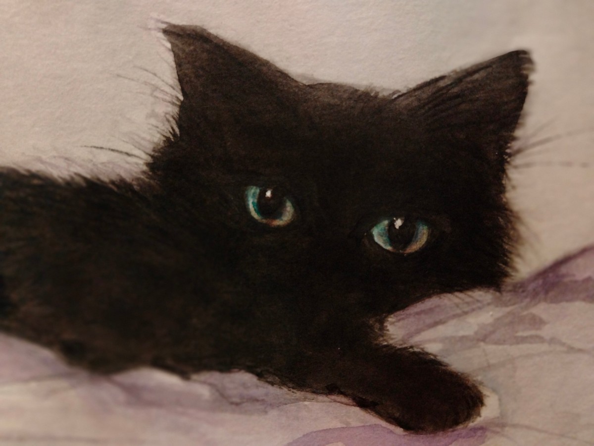 猫のイラスト　手描きイラスト　水彩画　インテリア　黒猫アート　B6サイズ_画像2
