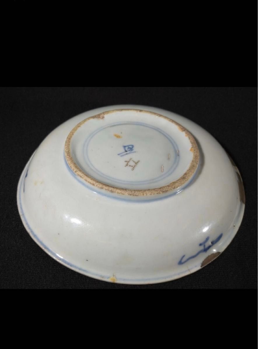 中国 染付　清朝代 18世紀染付 唐人図 18,8cm中皿 銀継ぎ有 古物保証　唐物　