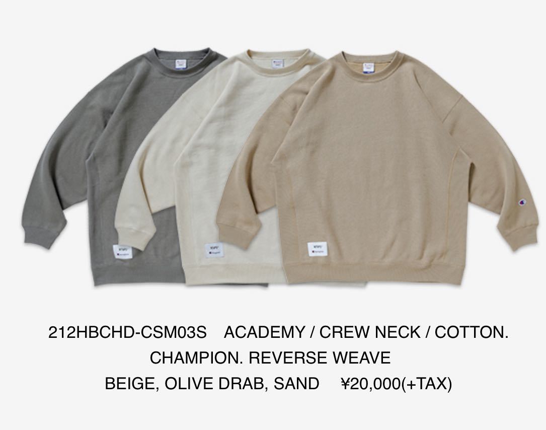 新品未使用 L Wtaps ACADEMY / CREW NECK / COTTON. CHAMPION. REVERSE WEAVE Sand ダブルタップス チャンピオン クルーネック サンド_画像7