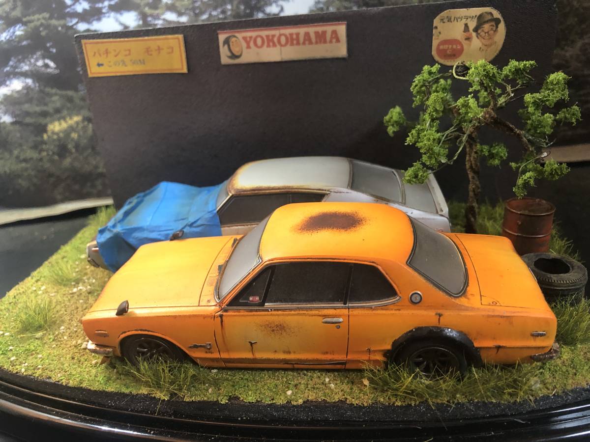 昭和レトロな風景 1/32 ニッサン スカイライン 2000GT-R ハコスカ ケンメリ KPGC110 旧車 自作ジオラマ完成品 ケース付_画像6