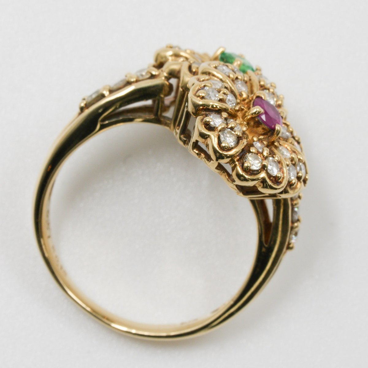  yellow gold K18YG ring ruby emerald diamond flower 2 ream #12 lady's used beautiful goods [ quality iko-]