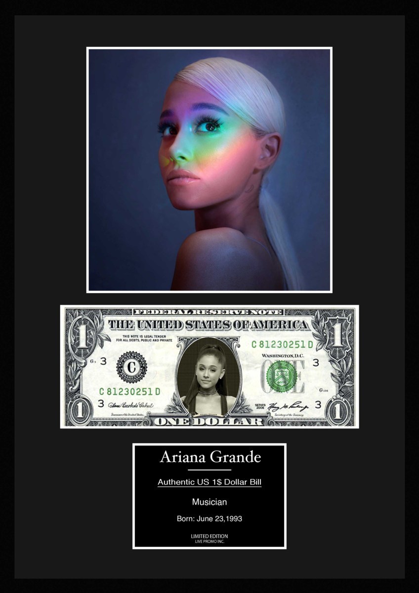 限定!人気【アリアナ・グランデ/Ariana Grande】POP/R&B/ポップ/写真/本物USA1ドル札フレーム証明書付き/カラー/6_画像1