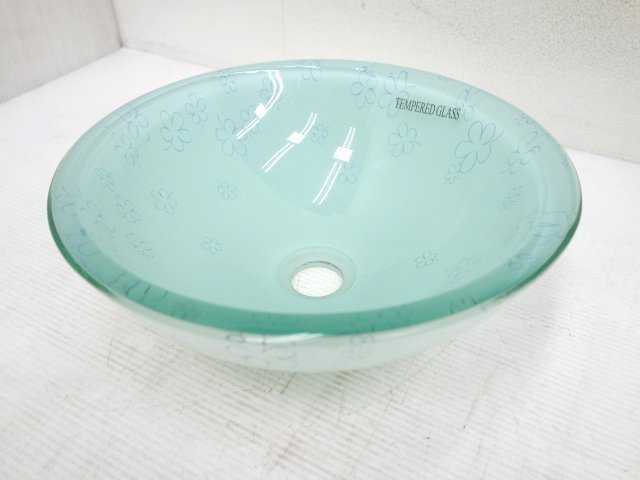 未使用品 強化ガラス製 手洗い ボウル 花柄 φ315×115mm 手洗い器 シンク 洗面器 ガラス トイレの画像3