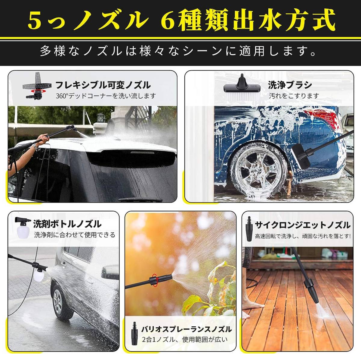  高圧洗浄機 高圧洗車機1500W 最大吐出圧力12MPa 【 ホースリール付き】 180°回転ノズル付き 東西日本兼用 水道直結・自吸両用 軽量 高圧_画像3