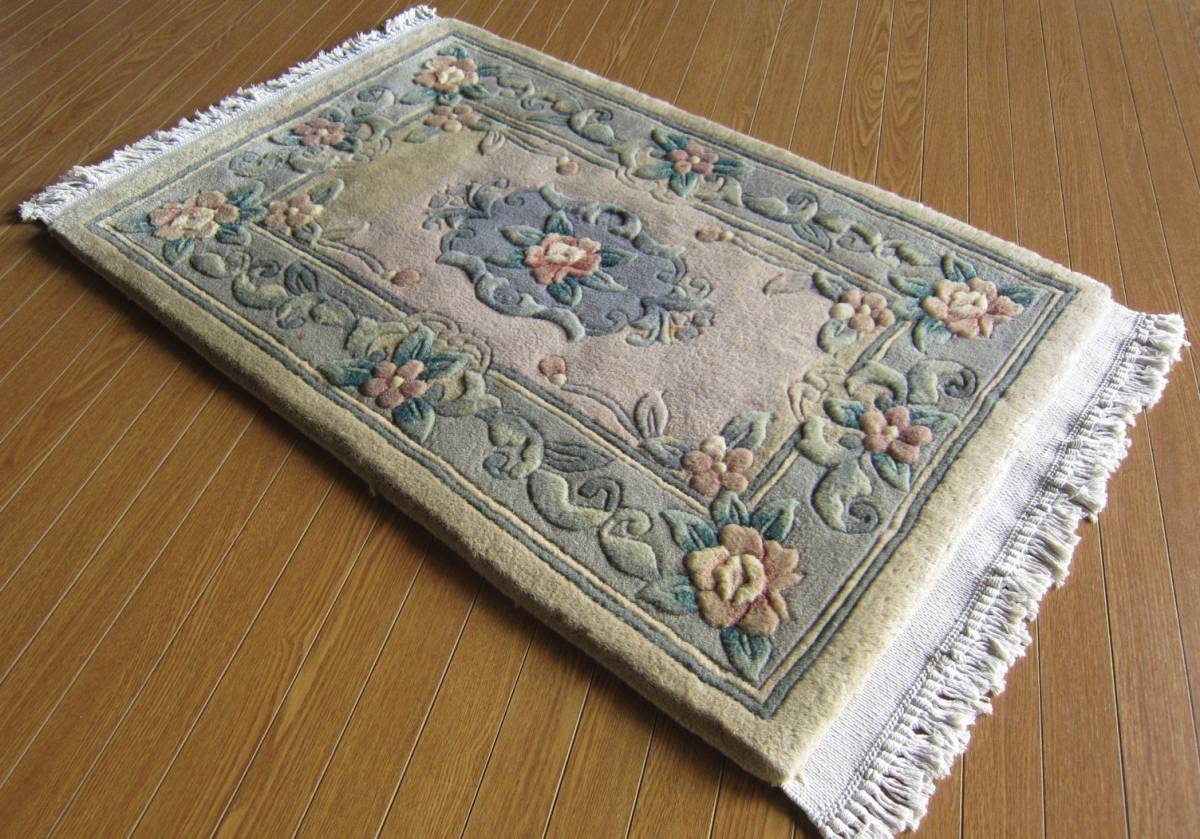【90×60】ウール★中国産絨毯・カーペット・ラグ・マット■1150-9_画像3