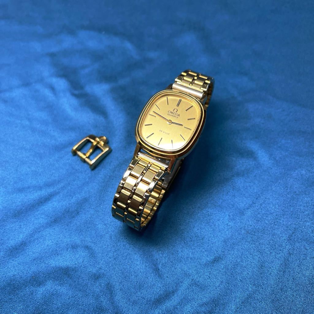 【稼働品】OMEGA オメガ DE VILLE デビル デヴィル 腕時計 QZ プッシュ式 ゴールド カラー 純正 尾錠付 レディース 女性用