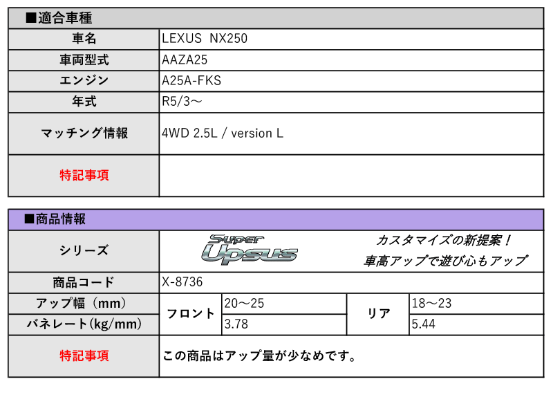 [エスペリア]AAZA25 レクサスNX250_バージョンL(R5/3～)用スーパーアップサス_画像2